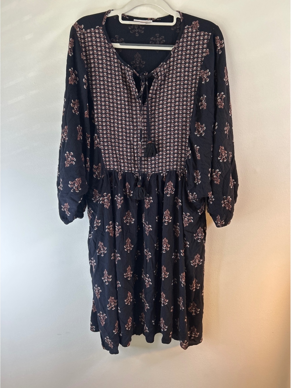Knox Rose XXL Black Rayon Floral Boho Peasant Dress